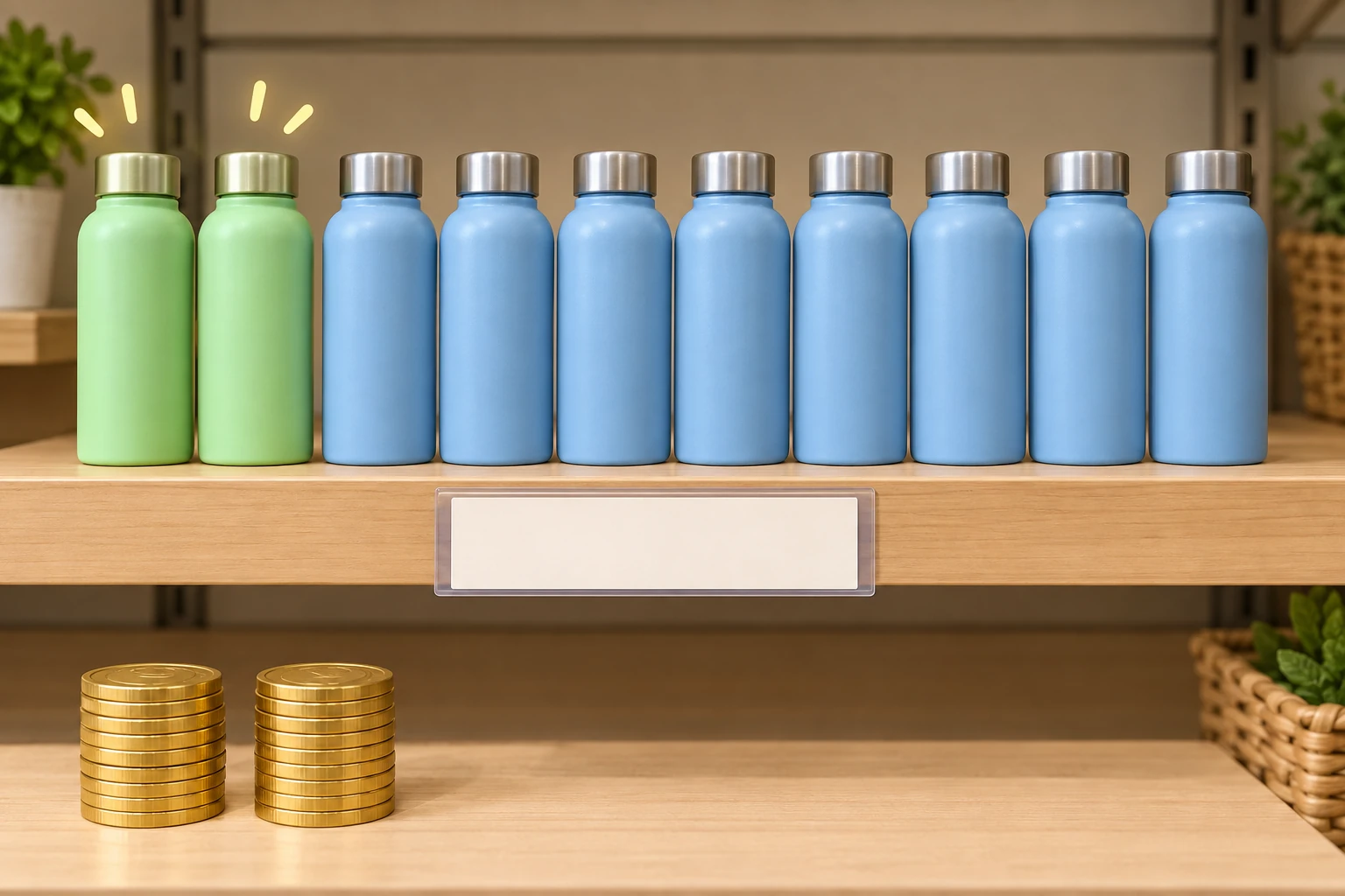 Illustrazione didattica di percentuali e sconto; I dieci oggetti visualizzano una frazione, non il prezzo reale del negozio.