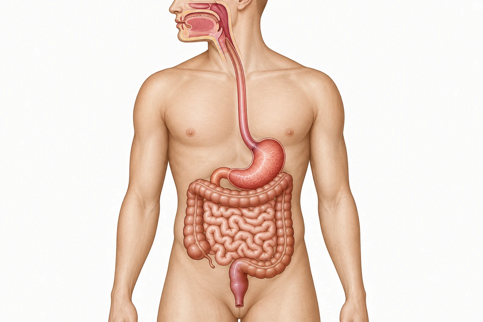 Illustrazione didattica di il percorso del cibo; Schema anatomico semplificato, non diagnosi; fonte di controllo NIH MedlinePlus.