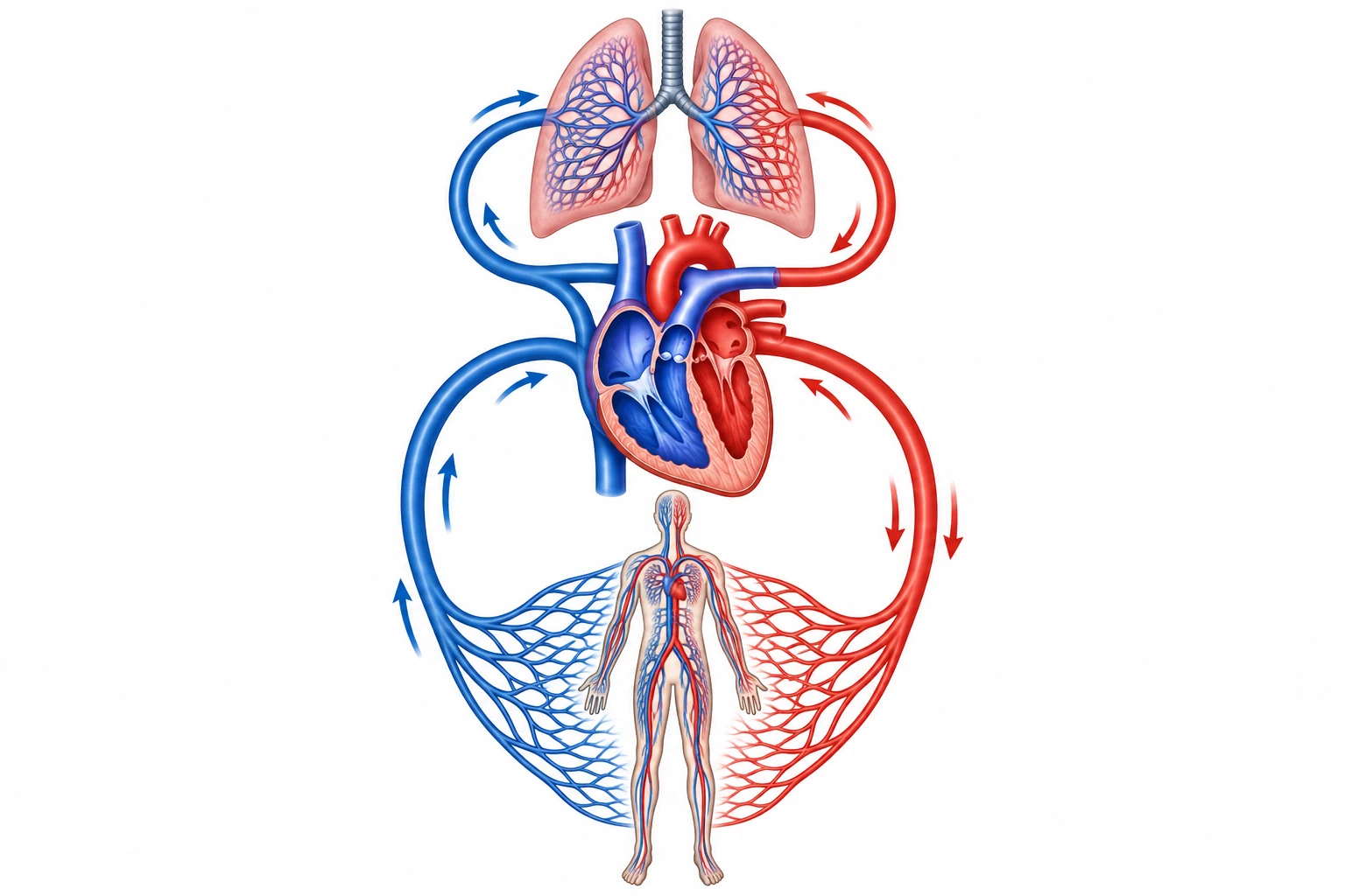Illustrazione didattica di due circuiti del sangue; Colori convenzionali; non anatomia completa, controllo NIH NHLBI.
