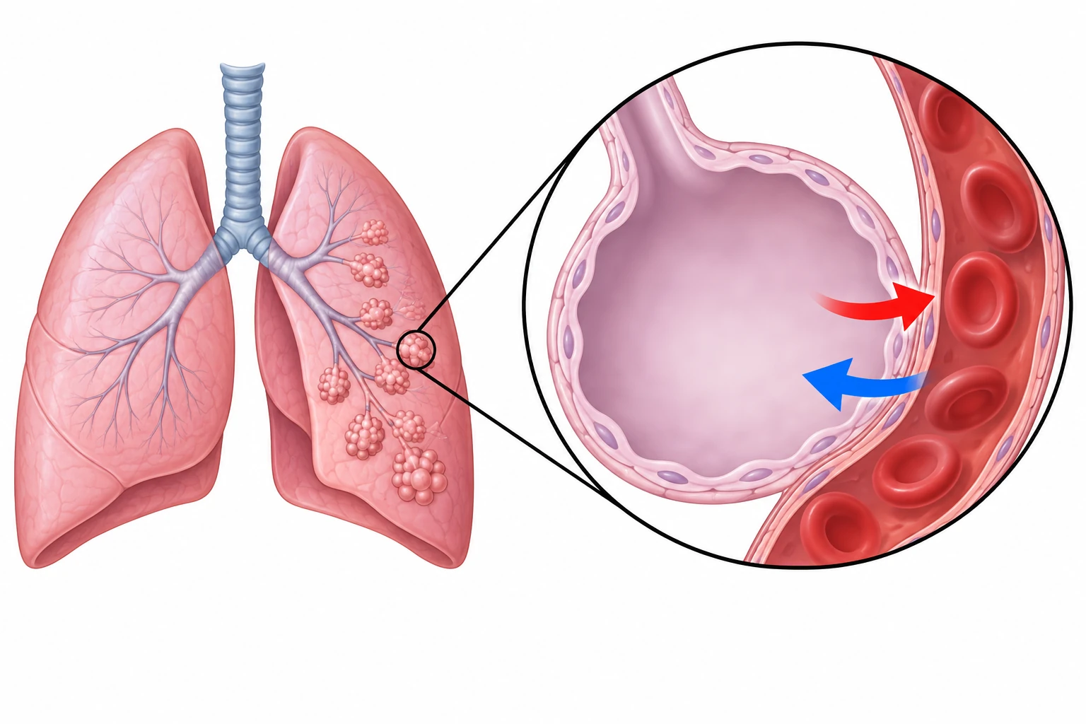 Illustrazione didattica di alveoli e scambio dei gas; Frecce indicano solo direzione generale; controllo NIH MedlinePlus.