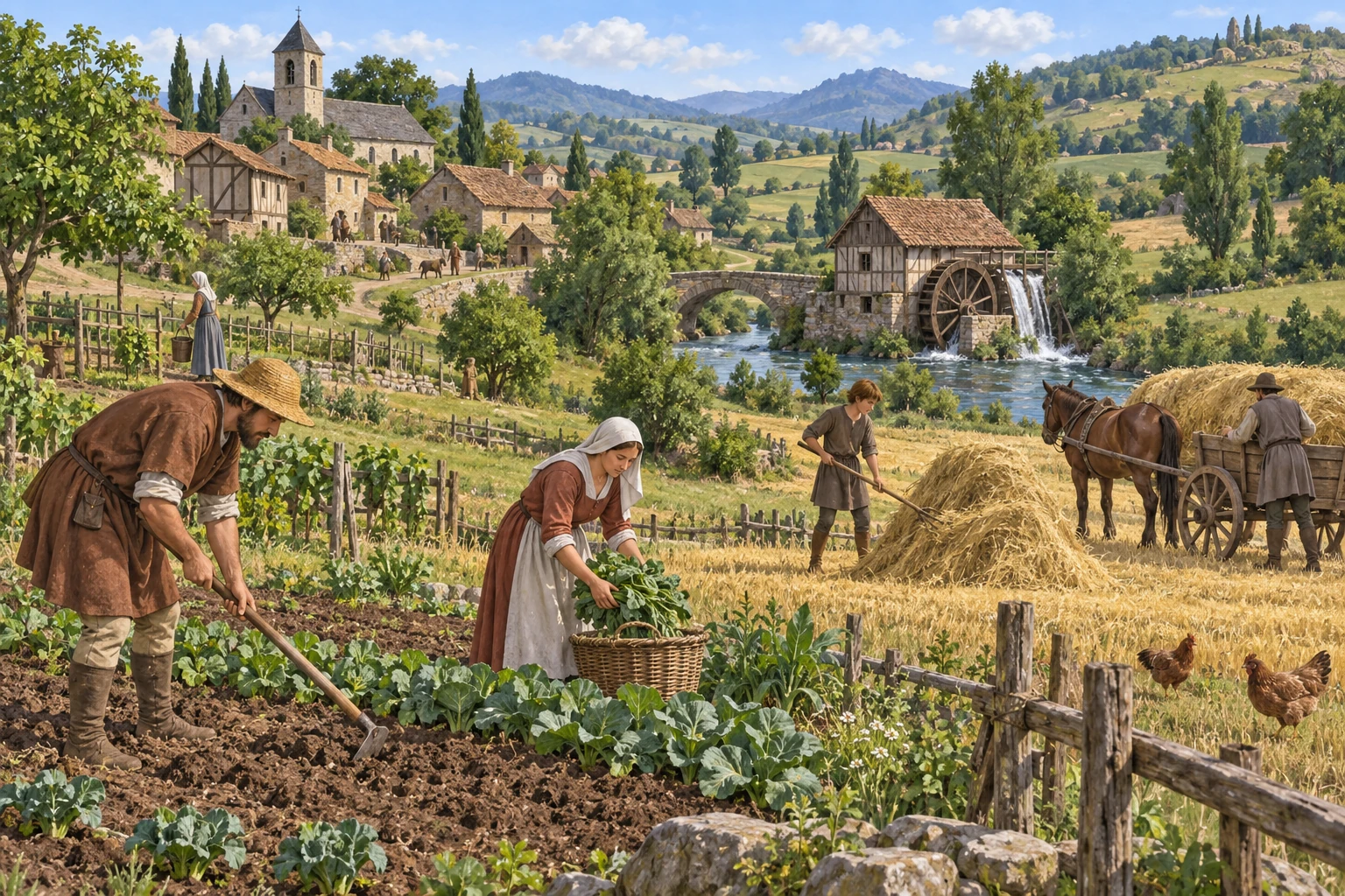 Illustrazione didattica di campagne, lavoro e risorse; Scena composita, non un villaggio documentato.