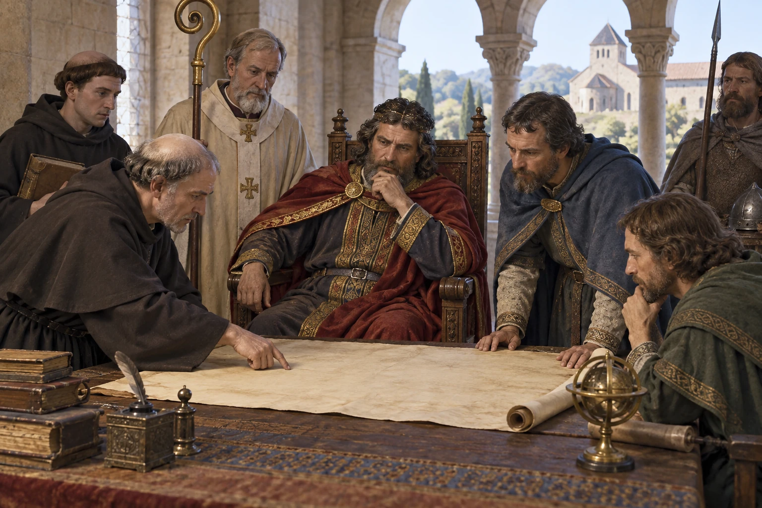 Illustrazione didattica di carlo magno e il potere carolingio; Corte immaginata, senza ritratti identificati.