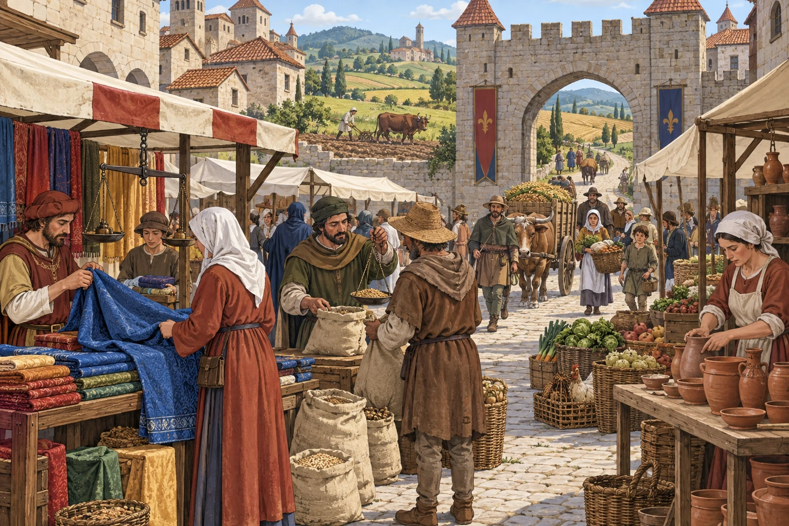 Illustrazione didattica di città, botteghe e mercanti; Mercato inventato; non prova prezzi o luoghi.