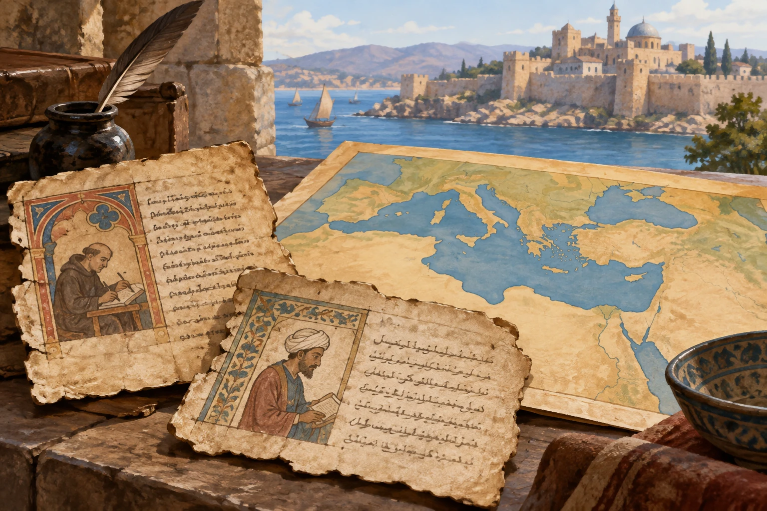 Illustrazione didattica di crociate e incontri mediterranei; Manoscritti fittizi, non cronache leggibili.