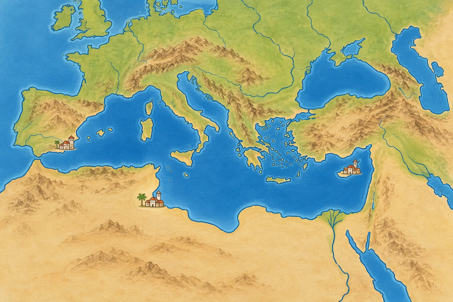 Illustrazione didattica di europa e mediterraneo dopo roma; Mappa evocativa, non frontiere esatte a una data.
