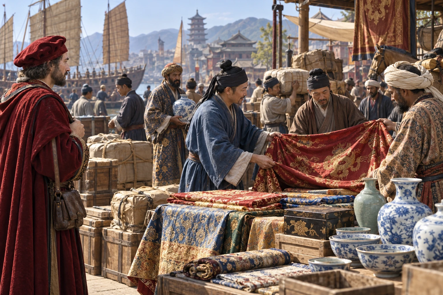Illustrazione didattica di marco polo e le reti asiatiche; Mercato immaginato, non tappa attestata.