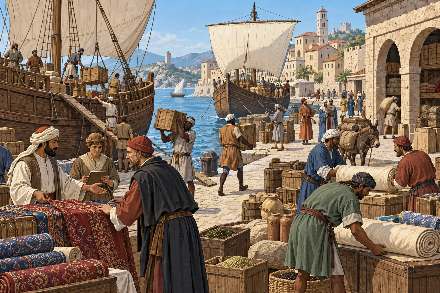 Illustrazione didattica di porti e repubbliche marinare; Porto narrativo senza rotta attestata.