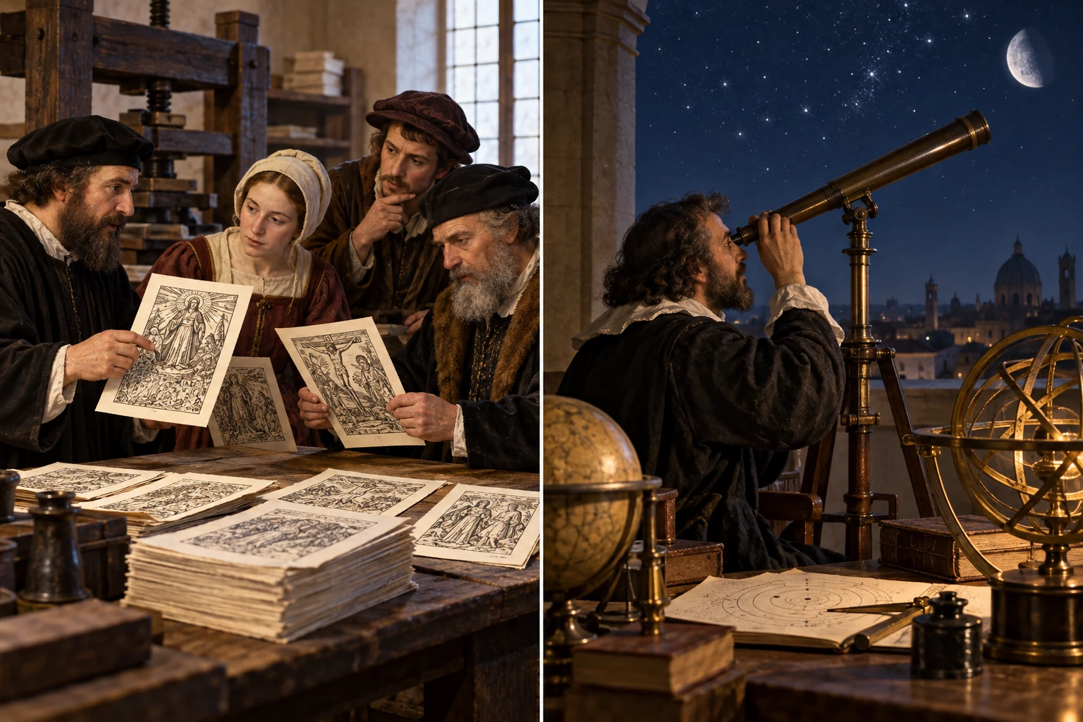 Illustrazione didattica di riforma religiosa e nuova scienza; Scene immaginate, non persone identificate.