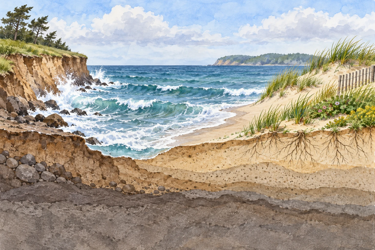Onde, sedimenti e vegetazione dunale lungo la costa.
