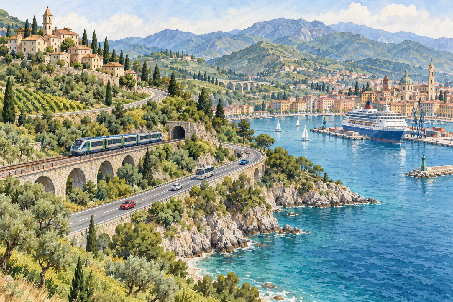 Strada, ferrovia e porto collegano centri diversi.