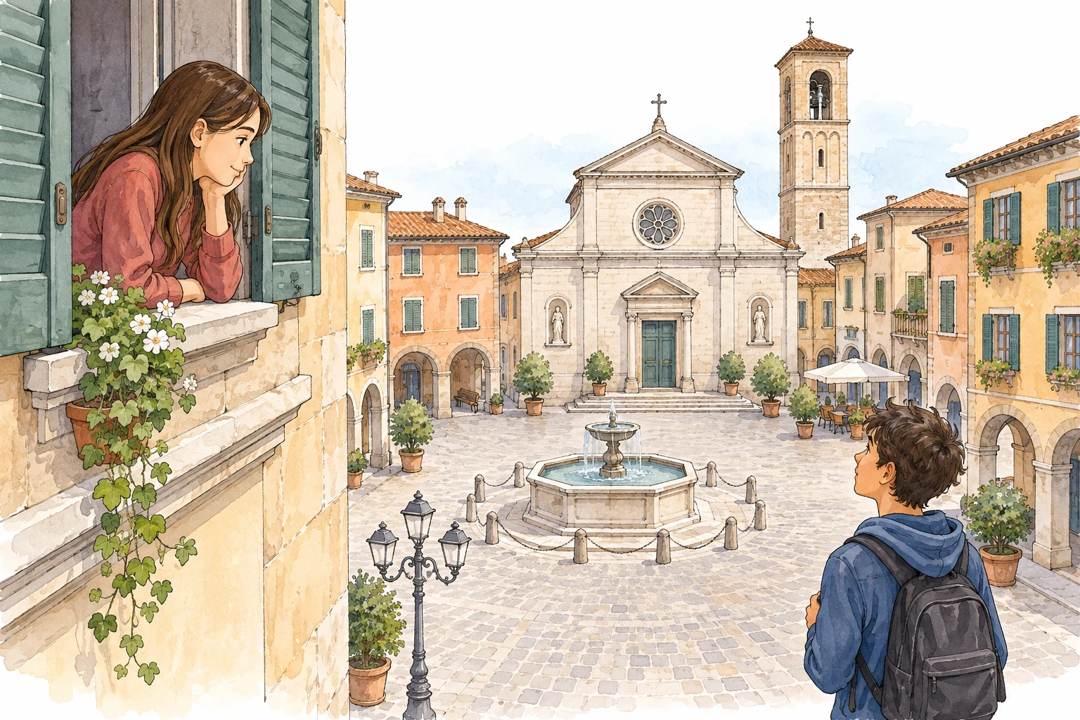 Due persone osservano la stessa piazza da punti diversi.