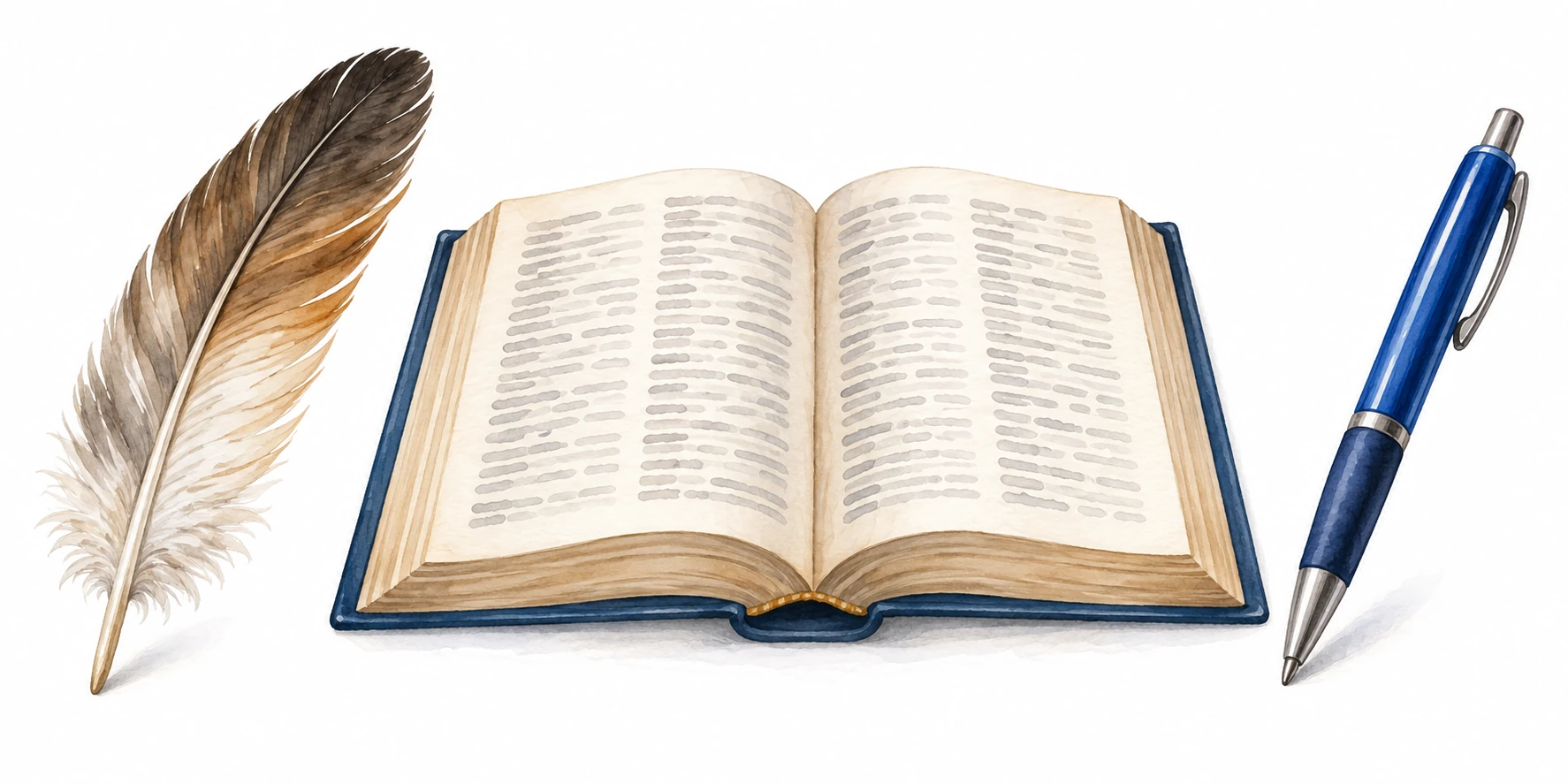 Un dizionario aperto tra una piuma e una penna per scrivere, due sensi di «penna».