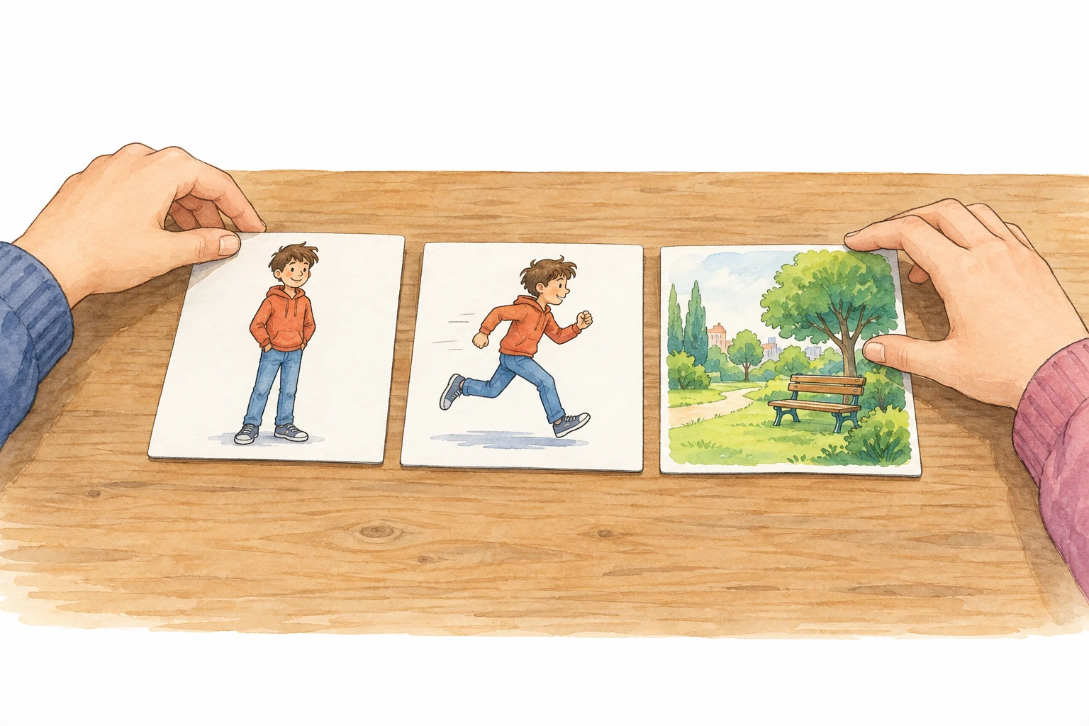 Tre cartoncini illustrati suggeriscono soggetto, azione e luogo; non mostrano parole leggibili.
