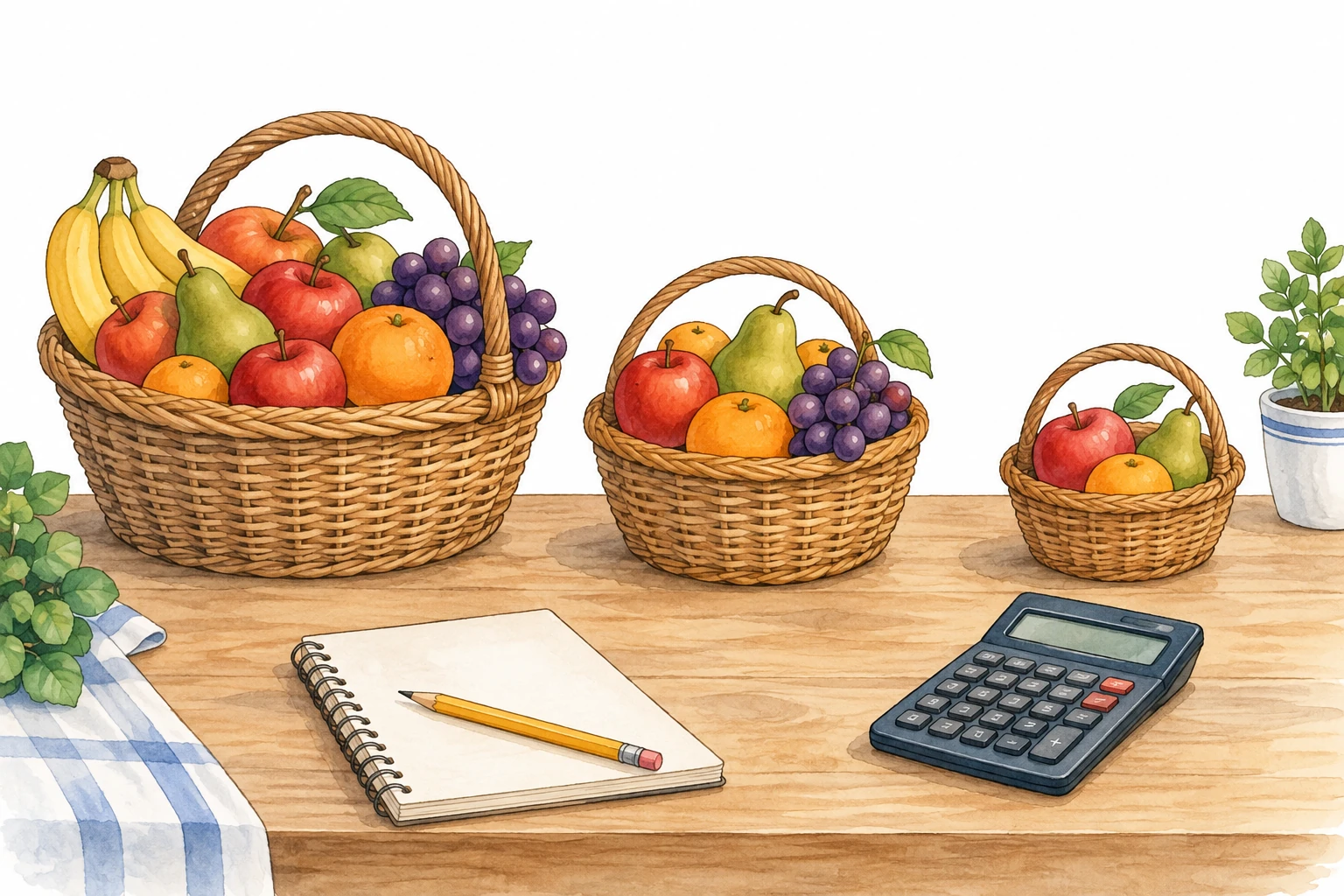 Ceste di frutta raggruppate per stimare una quantità.