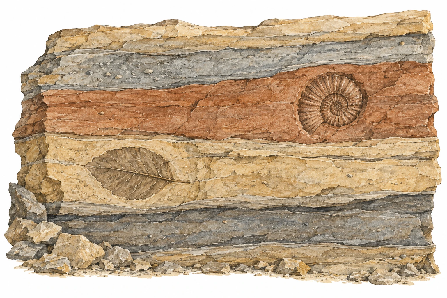 Una parete con strati sedimentari e fossili distinti.