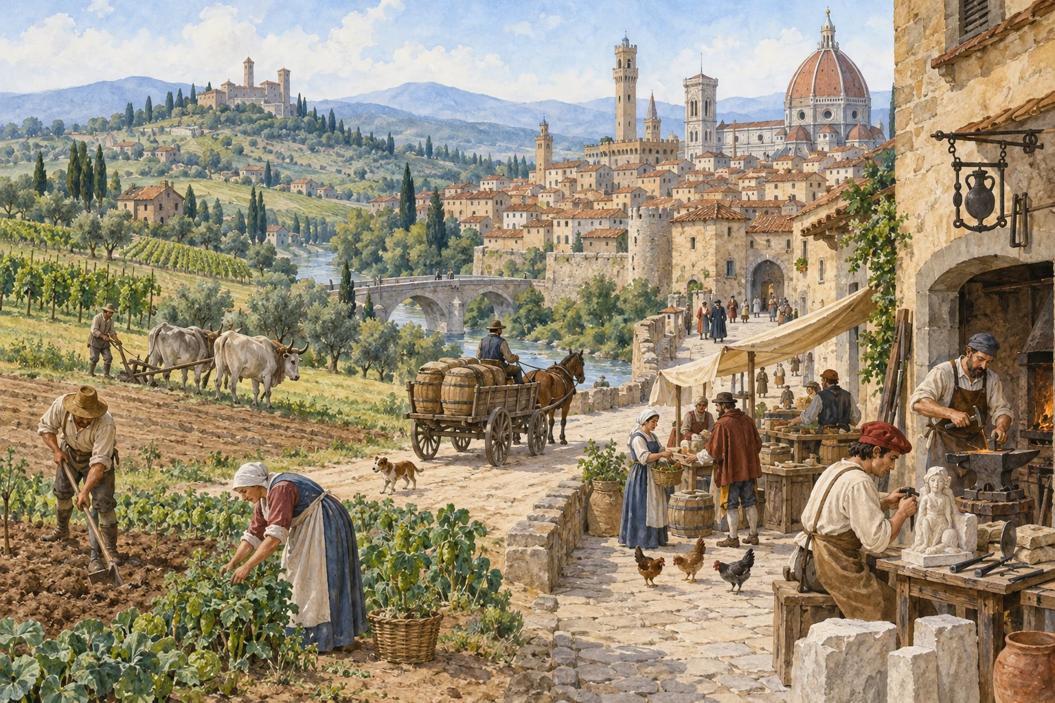 Una strada collega campi coltivati e città.