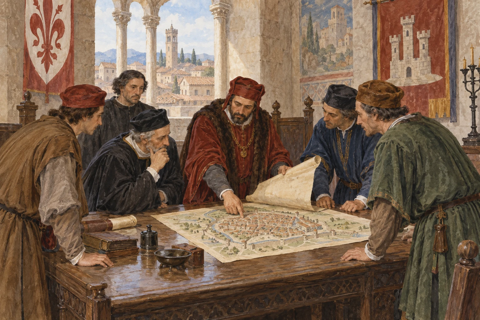 Un consiglio cittadino medievale consulta documenti e una mappa.