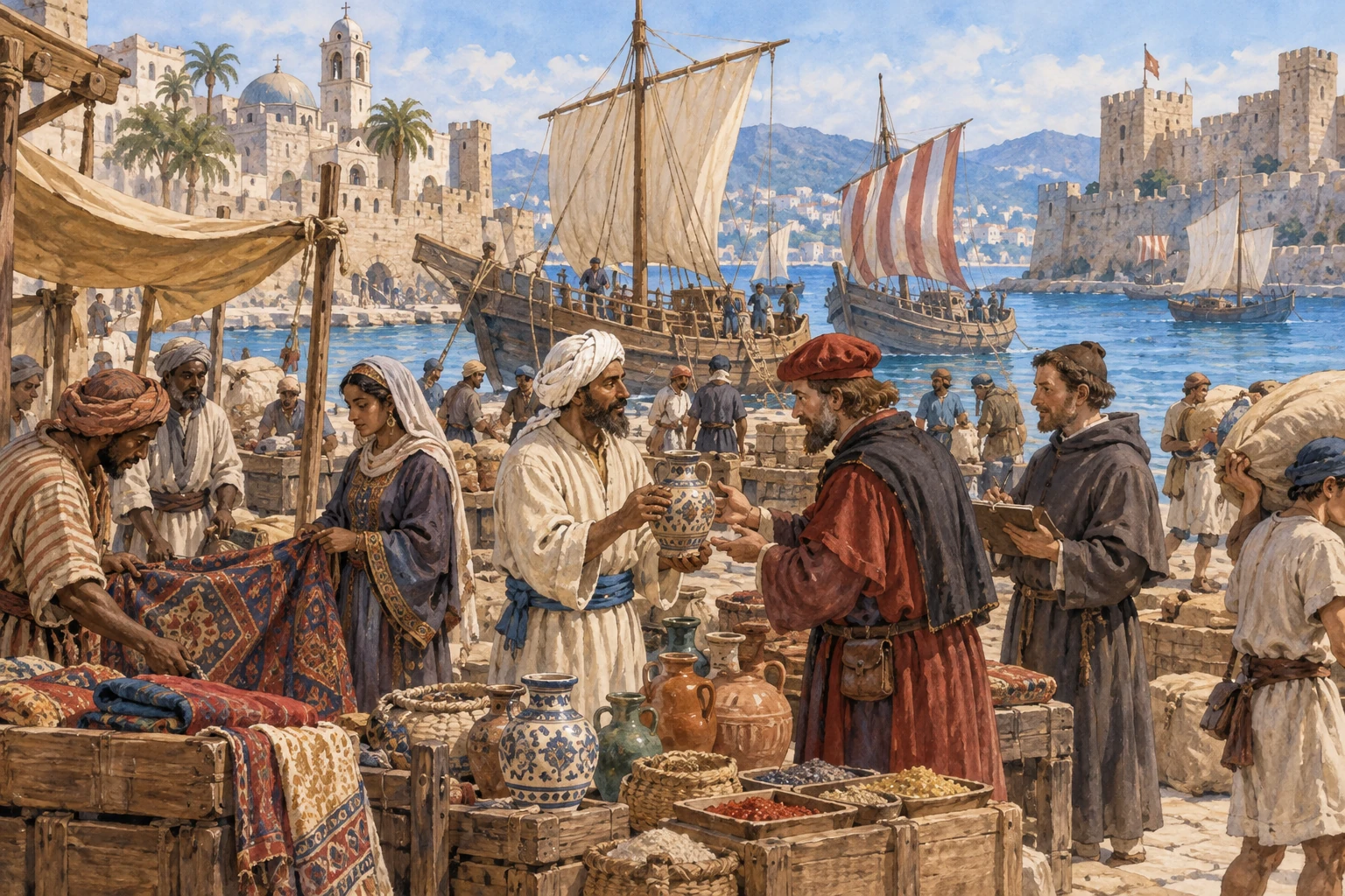 Navi e mercanti in un porto mediterraneo medievale.
