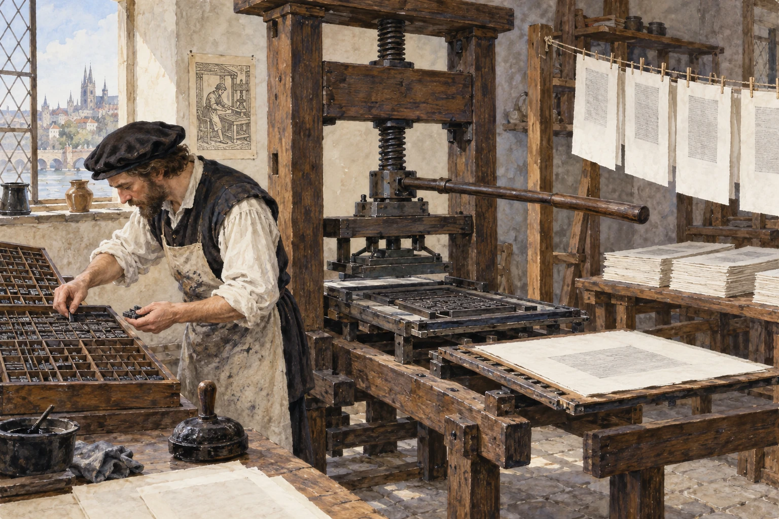 Una pressa manuale produce fogli stampati.