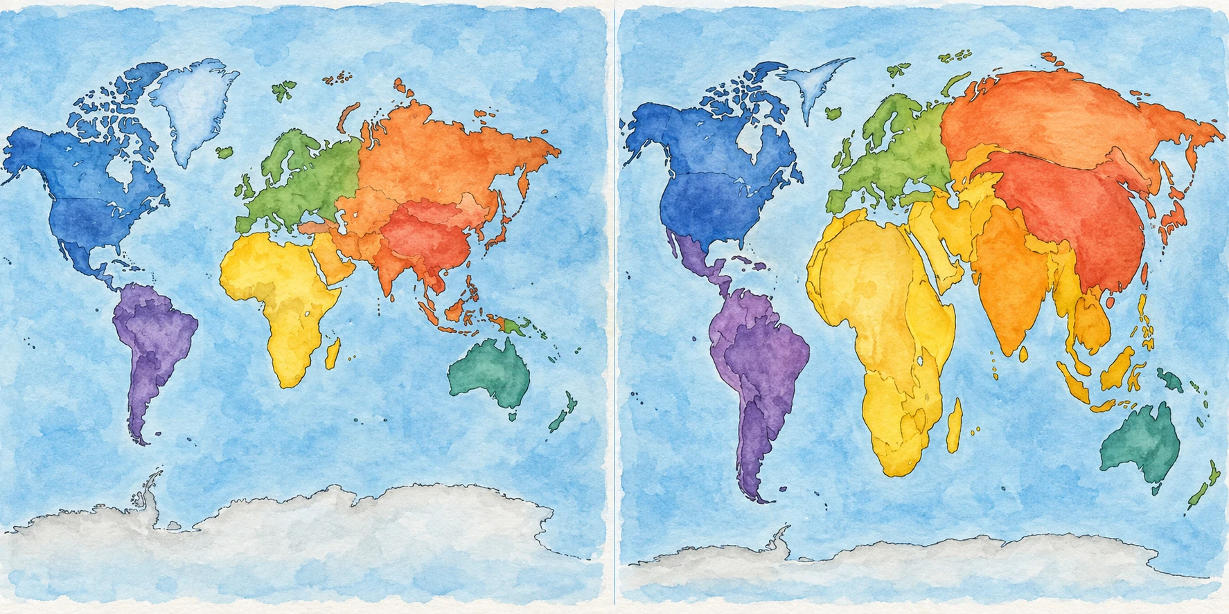 Due mappe affiancate mostrano forme geografiche e deformazioni illustrative.