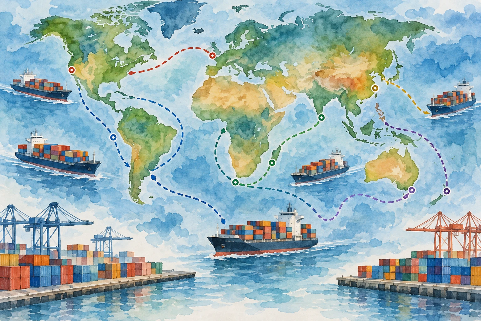Navi e container seguono rotte su una carta stilizzata.