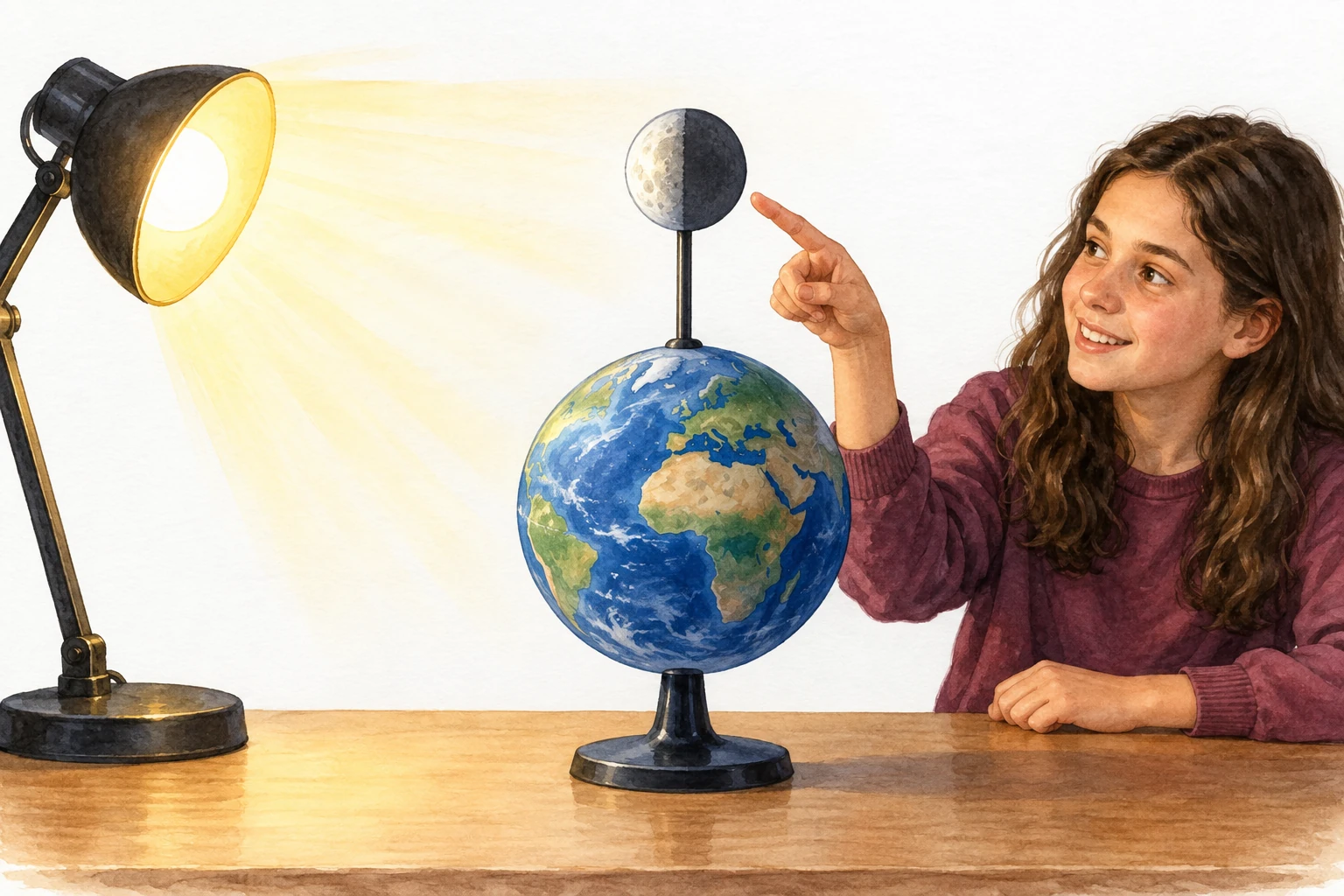 Studenti modellano l'illuminazione lunare con una lampada, un globo e una piccola sfera.