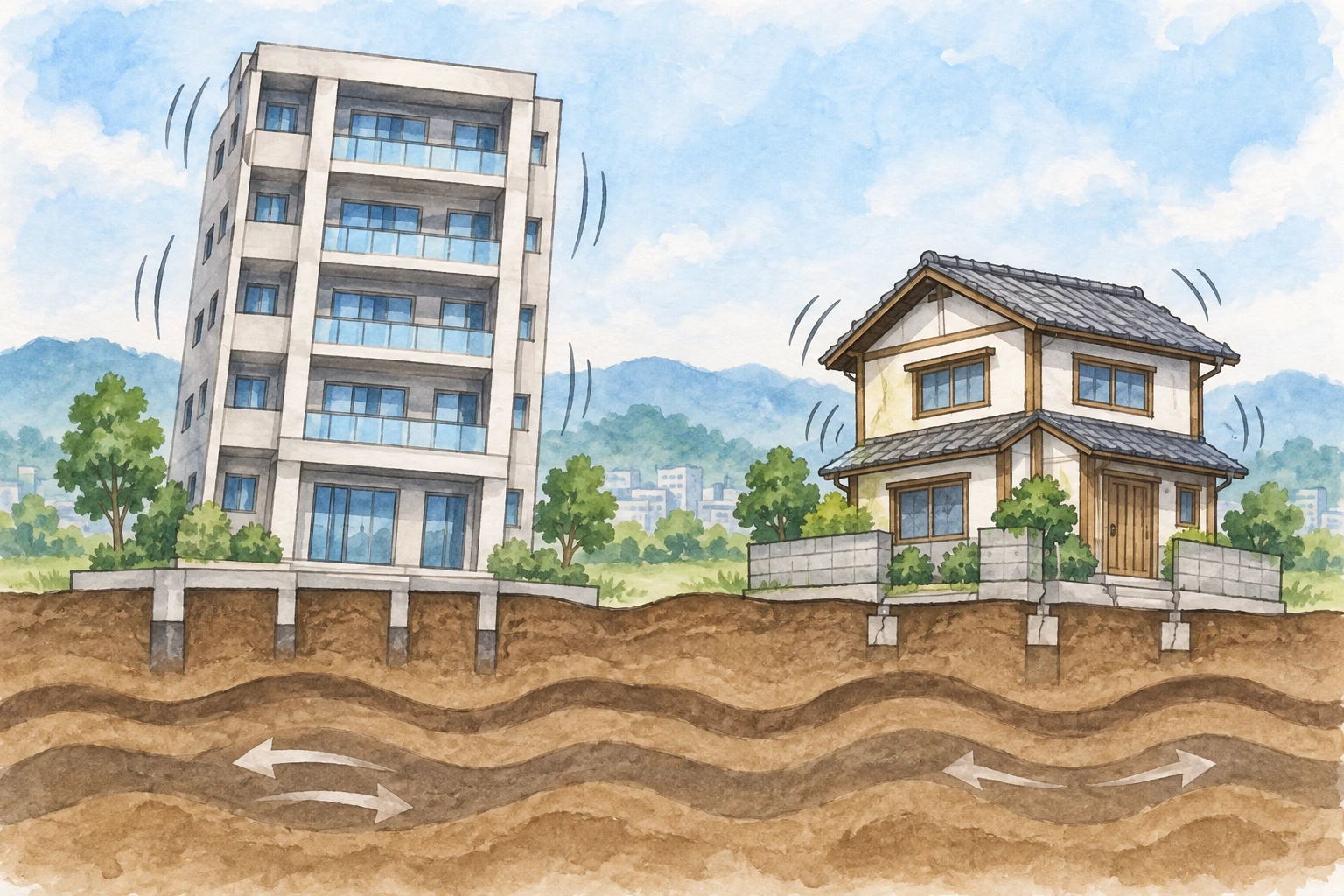 Due edifici diversi sono rappresentati su un terreno che vibra.