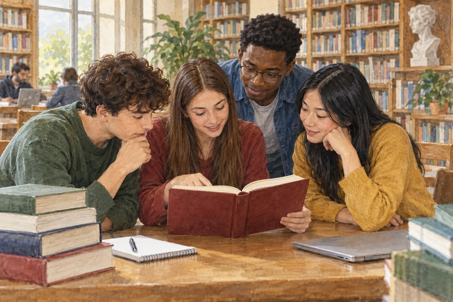 Studenti consultano un volume; il titolo non è visibile nell'illustrazione.