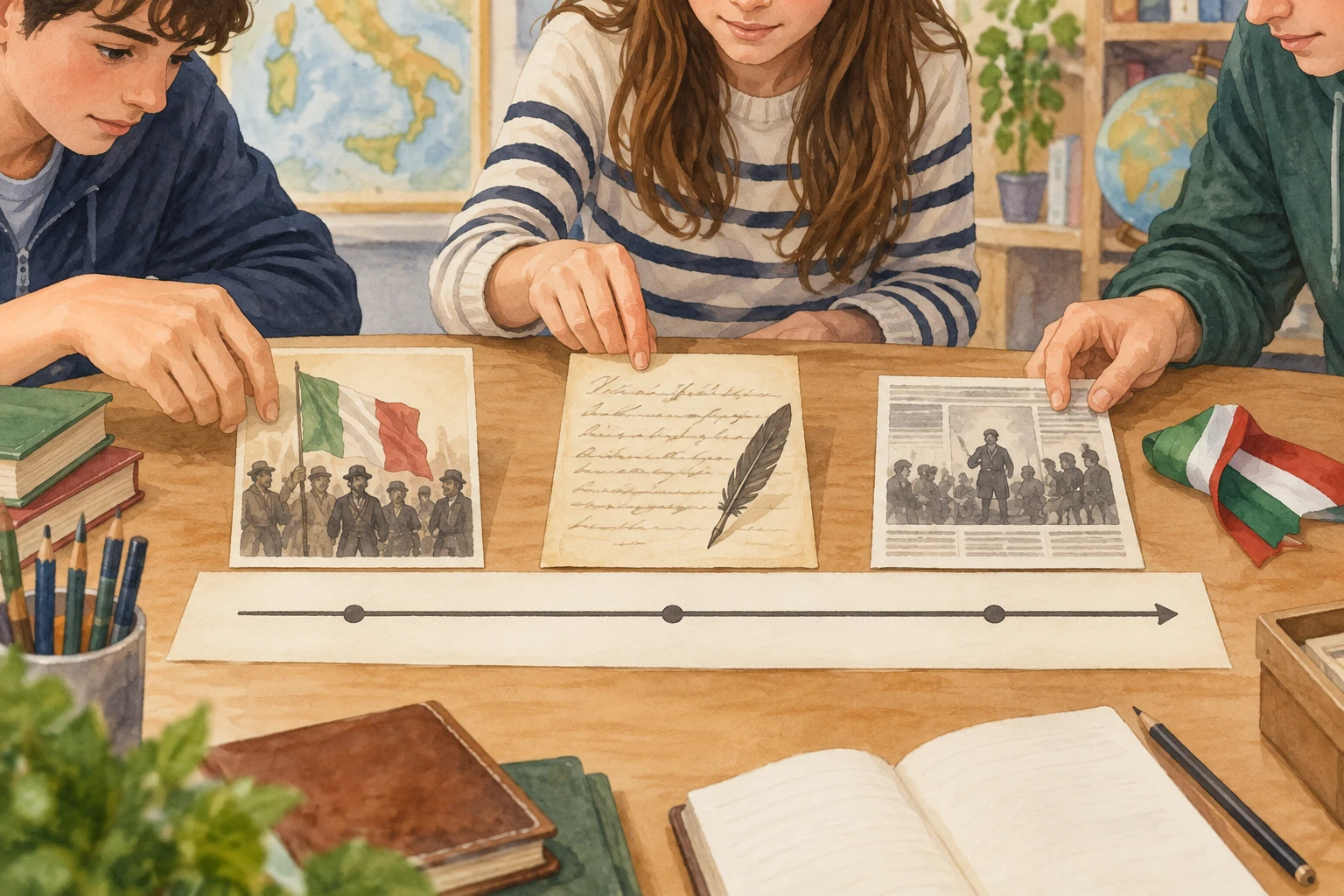 Tre studenti ordinano documenti illustrati su una linea temporale senza date leggibili.