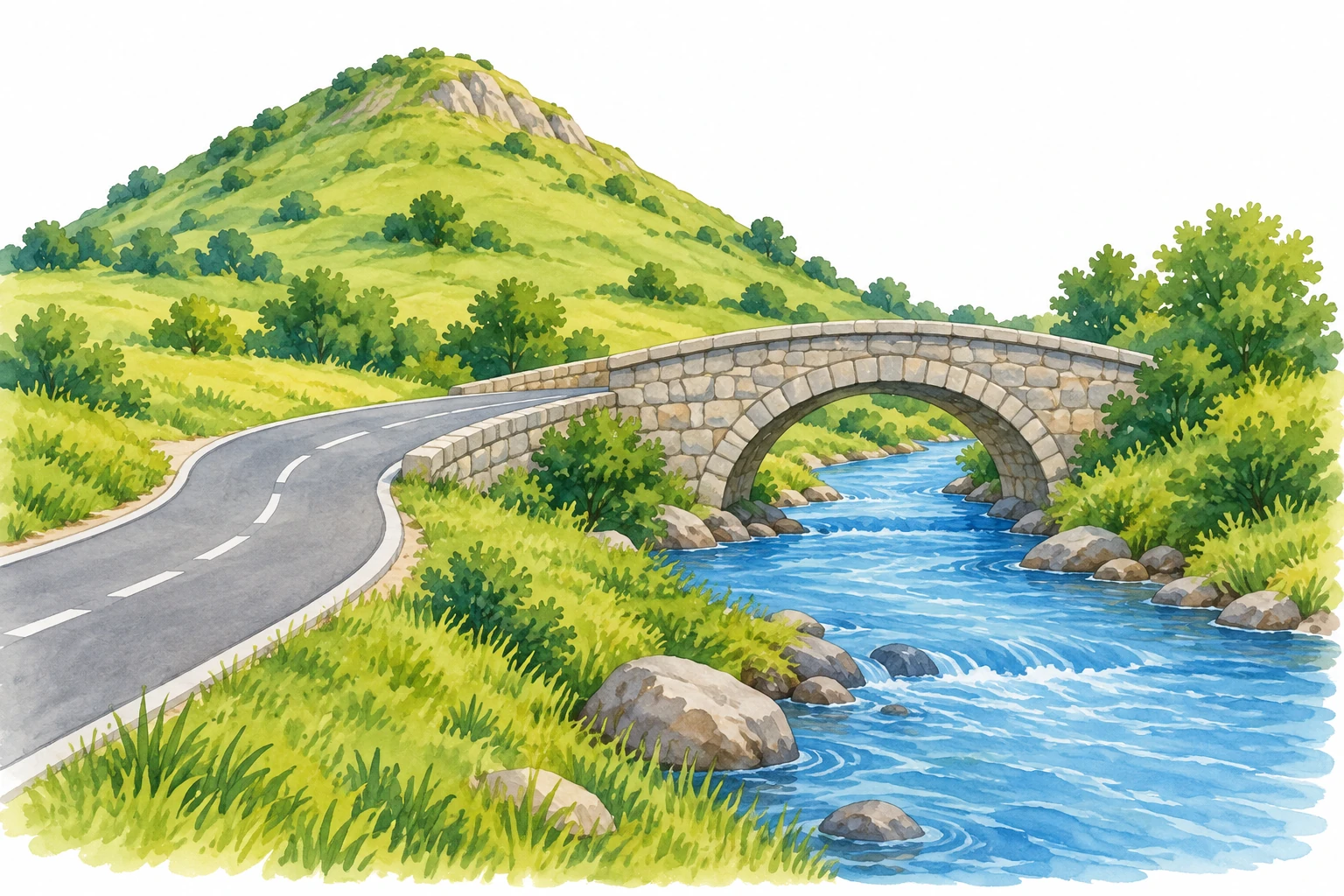 Paesaggio semplice con collina e fiume naturali, strada e ponte costruiti.