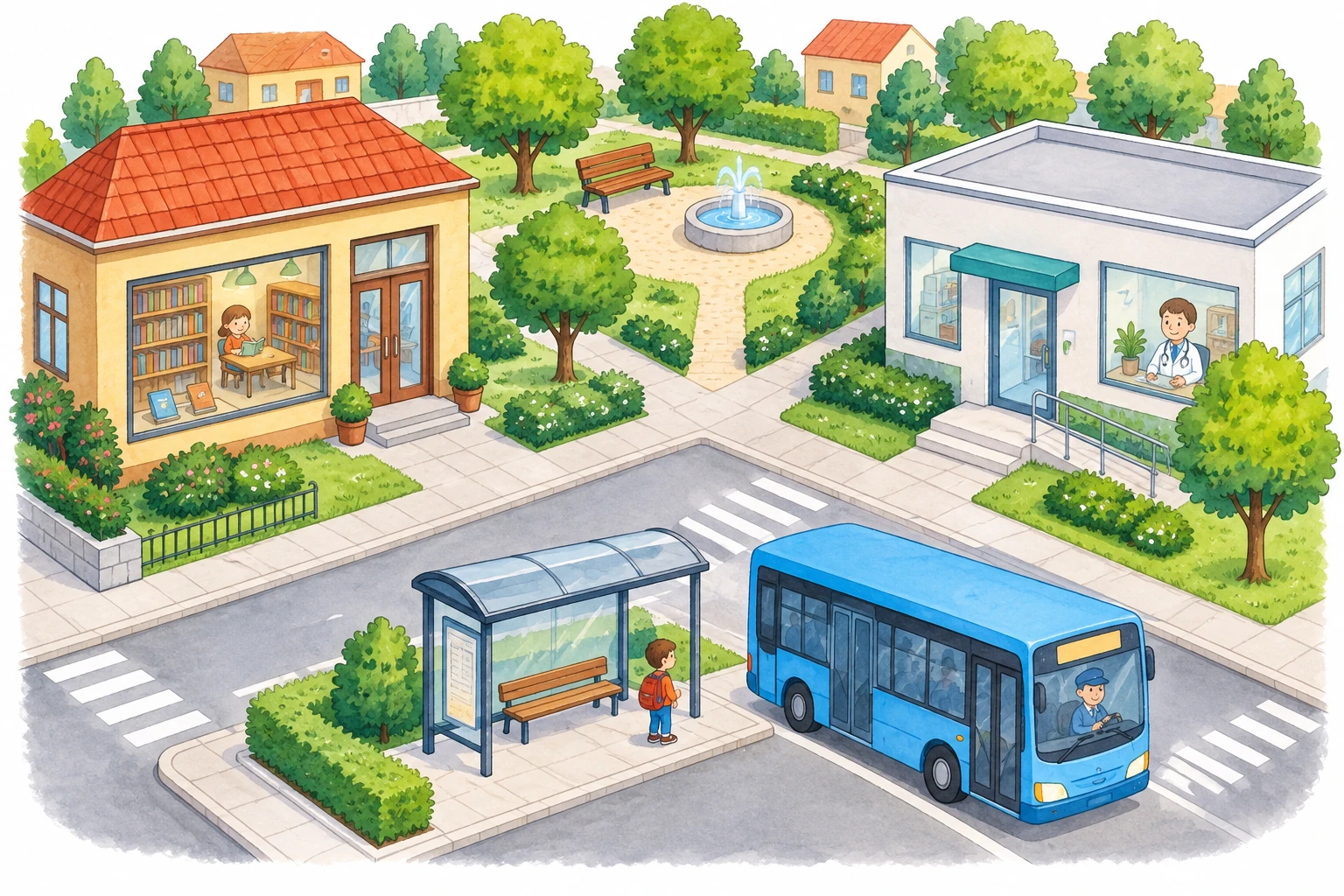 Veduta illustrata di un quartiere con biblioteca, fermata e autobus, ambulatorio e parco; non è una mappa con legenda.