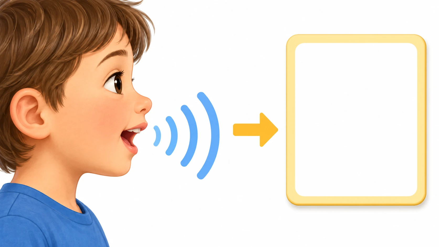 Un bambino pronuncia un suono; le onde arrivano a una tessera vuota per la lettera da scegliere.
