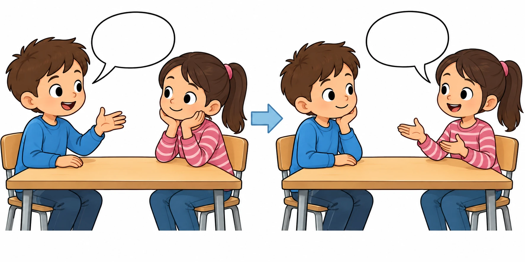 Due bambini in dialogo: uno fa una domanda, l'altro ascolta e poi risponde nel proprio turno.