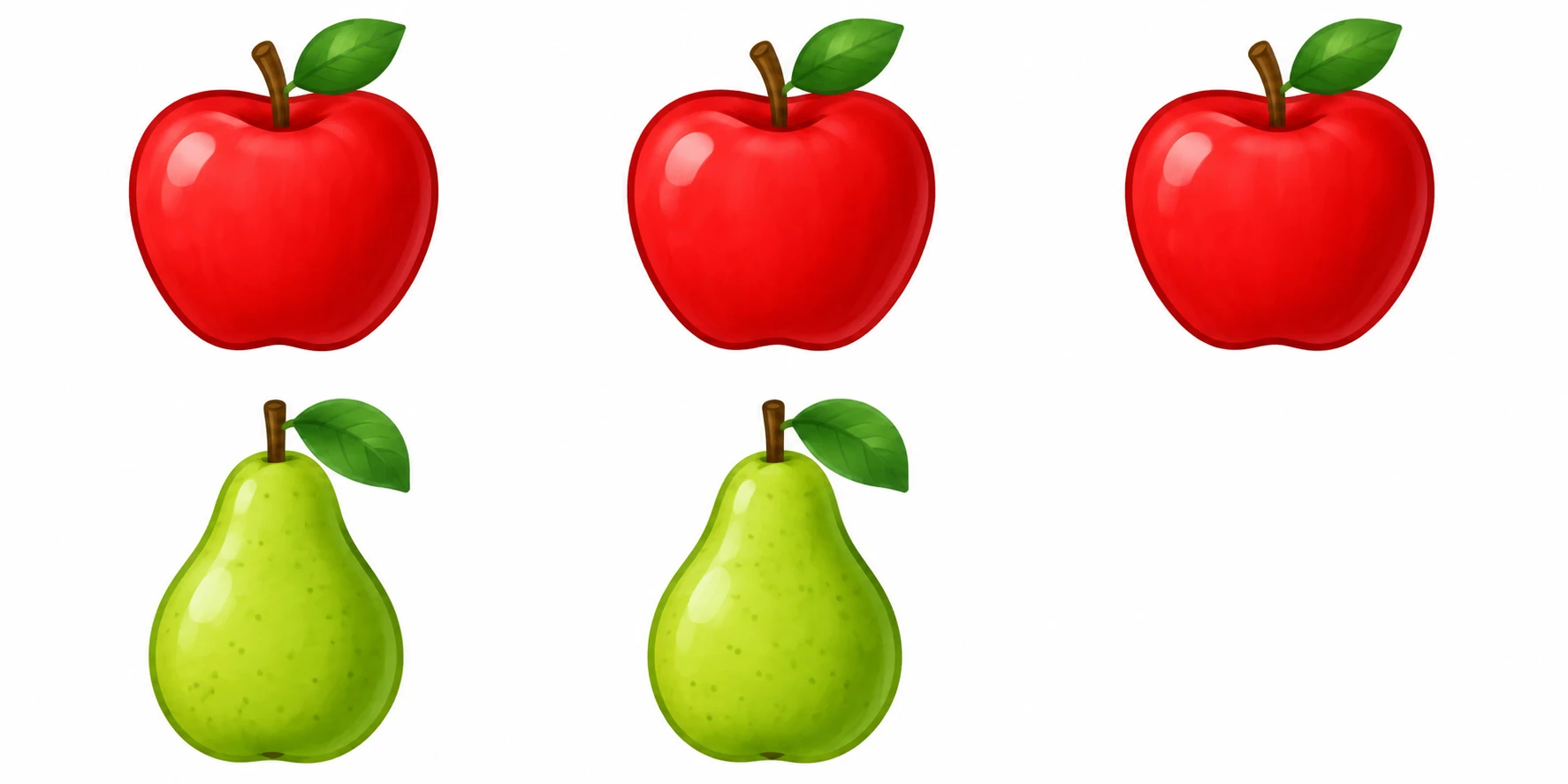 Due righe di frutti disegnati: tre mele nella prima e due pere nella seconda; la figura non reca una legenda interna.