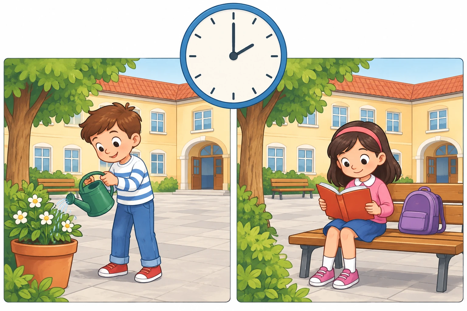 Due bambini svolgono azioni diverse alla stessa ora in due riquadri.