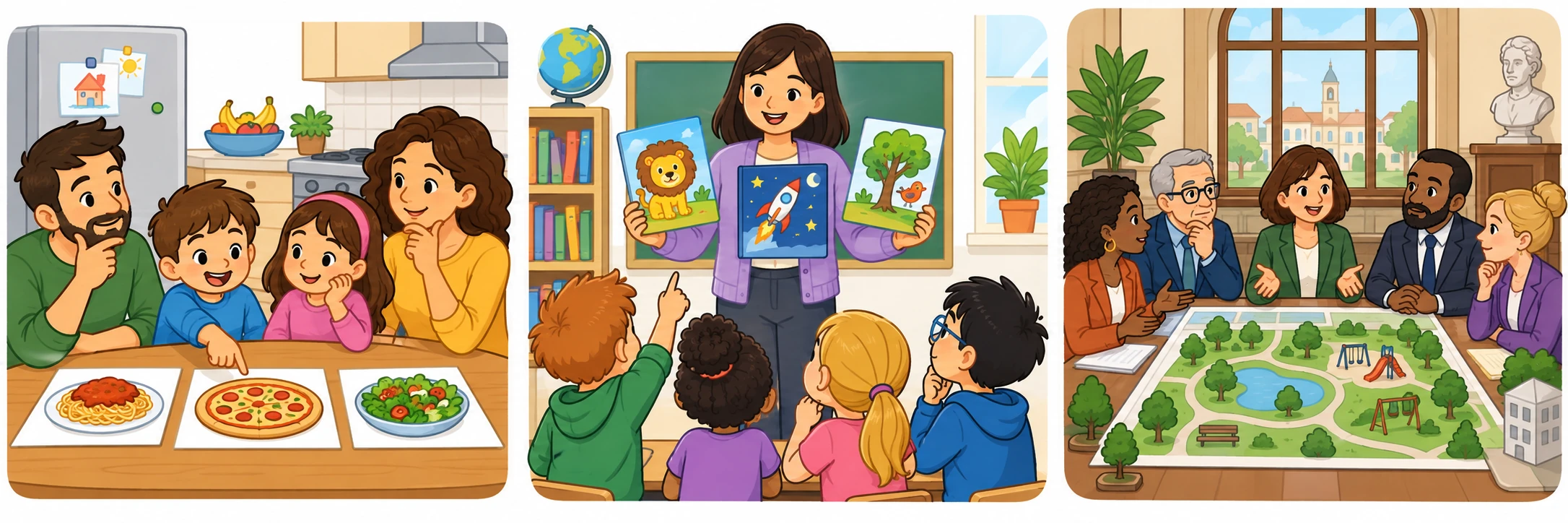 Tre riquadri: casa, scuola e municipio; la decisione sul parco pubblico è collegata al municipio.