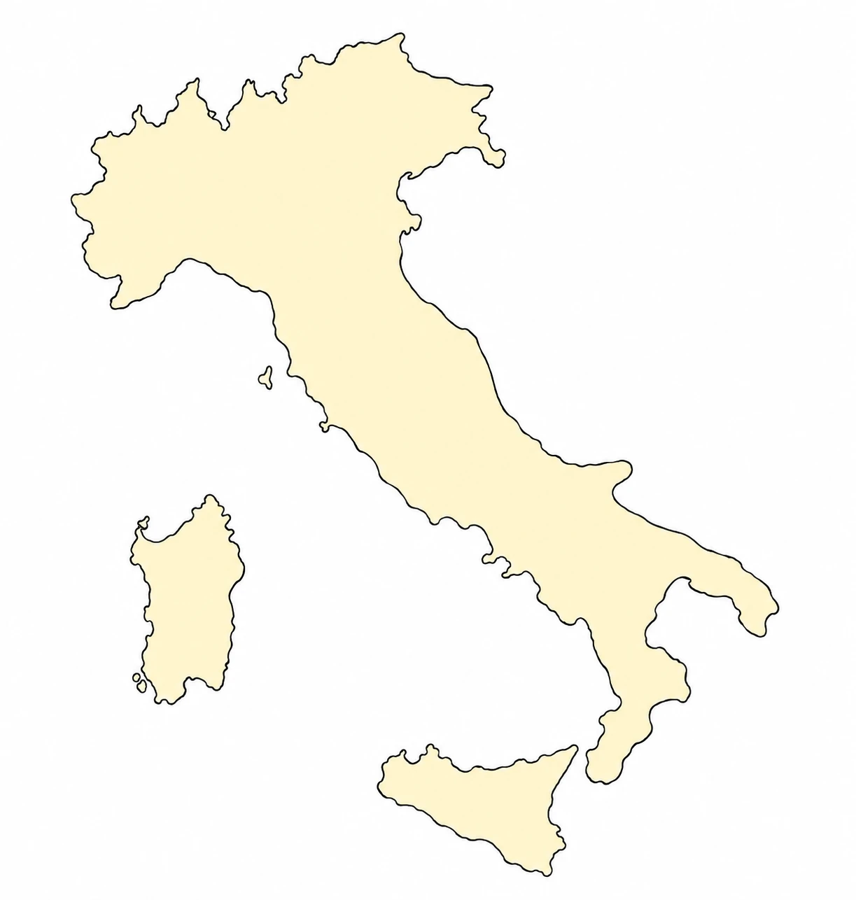 Sagoma semplificata della penisola italiana, Sardegna e Sicilia, senza punti né nomi di città.