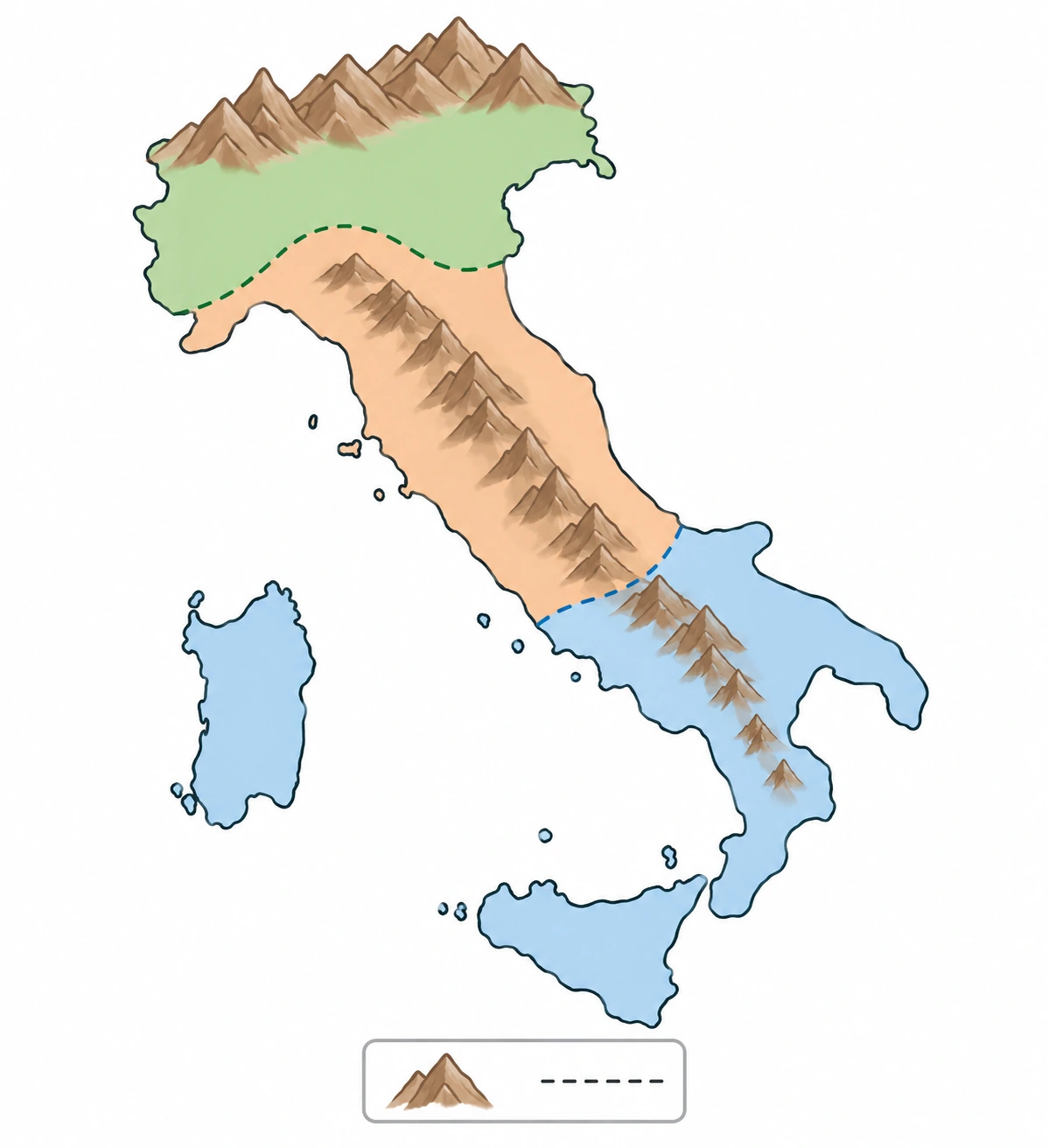 Sagoma schematica dell'Italia con Alpi e Appennini in rilievo e tre fasce colorate separate da confini tratteggiati di esempio, non confini regionali reali.
