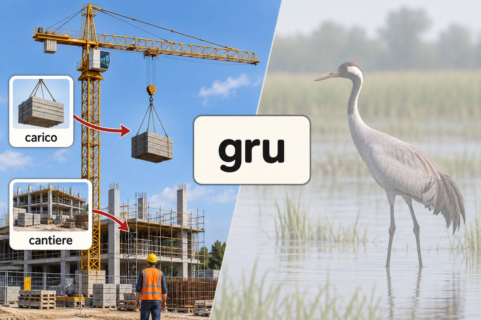 La parola «gru» tra una gru edile con i due indizi «carico» e «cantiere» e un uccello gru nell'ambiente umido.