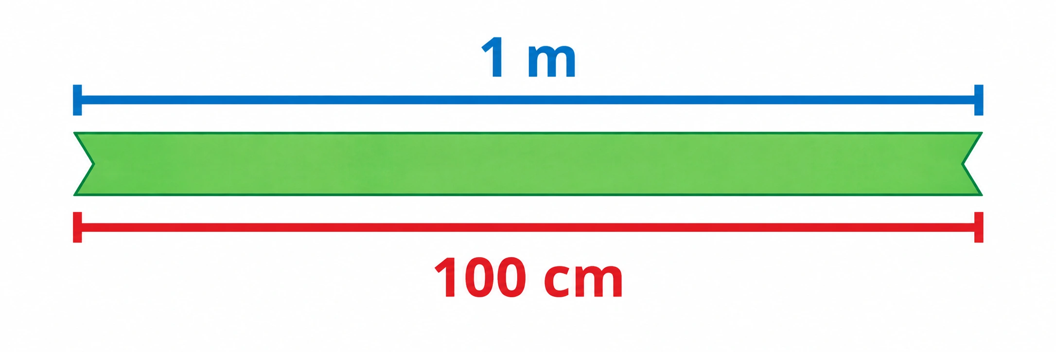 Una stessa striscia verde è misurata da due barre allineate, etichettate 1 m e 100 cm.