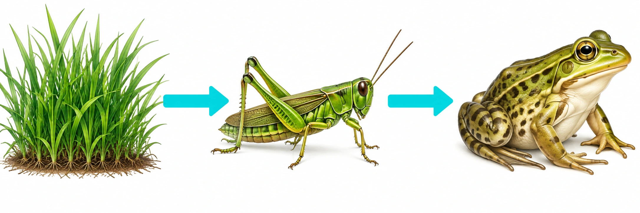 Erba, cavalletta e rana in sequenza con frecce dall'erba alla cavalletta e dalla cavalletta alla rana.