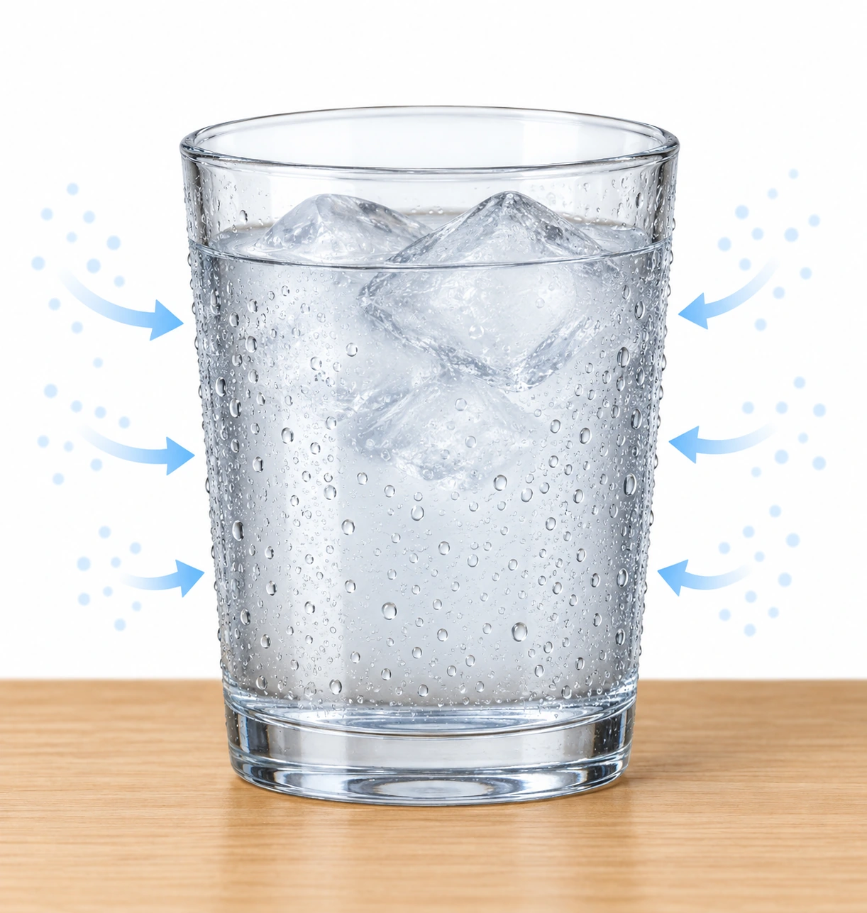 Un bicchiere freddo con ghiaccio mostra gocce sulla superficie esterna; frecce dall'aria indicano il vapore che arriva al vetro.