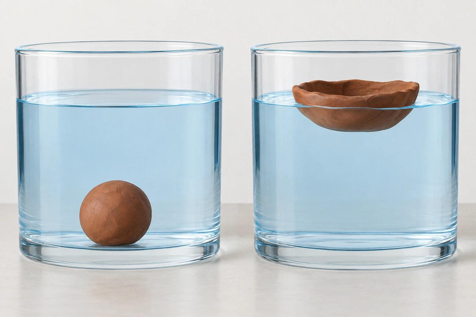 In due recipienti d'acqua uguali, una pallina di plastilina affonda e una barchetta di plastilina galleggia.