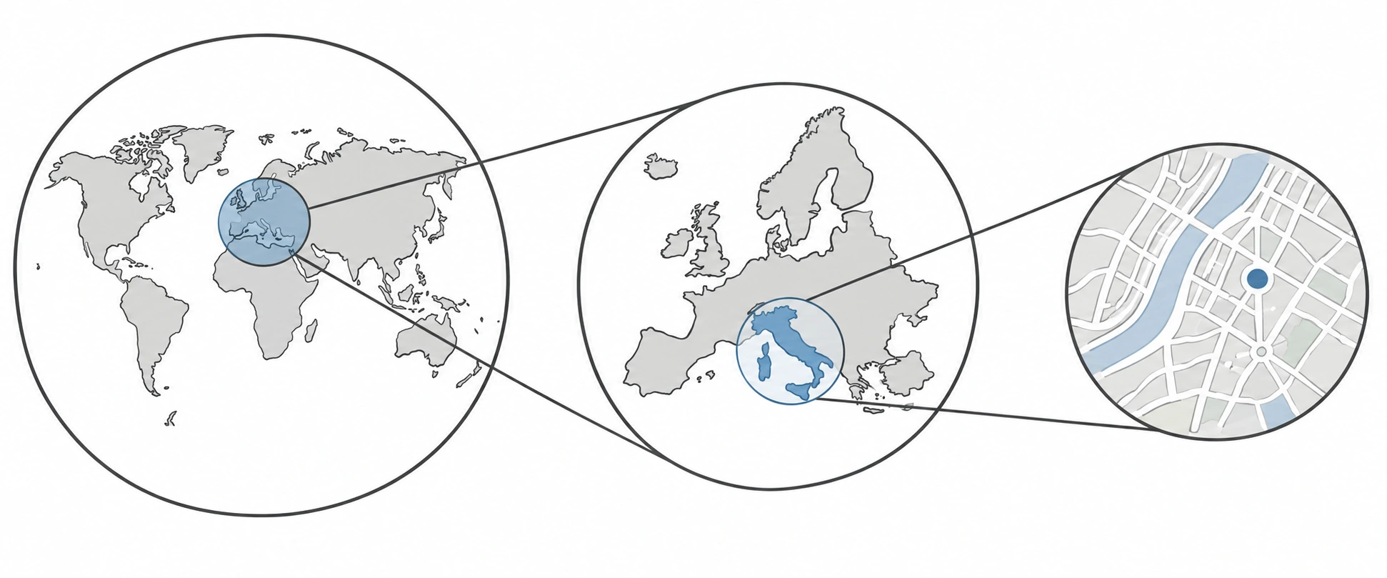 Tre mappe annidate planisfero, Europa, città con riquadro di ingrandimento.