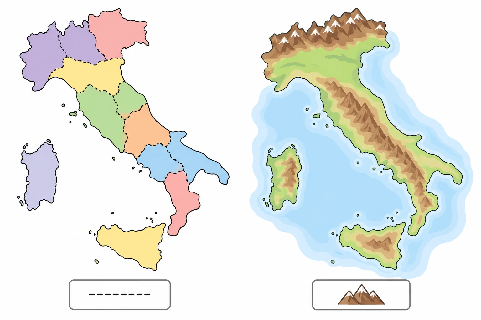 Due carte schematiche dell’Italia: a sinistra confini interni illustrativi, non confini regionali reali; a destra rilievi stilizzati.