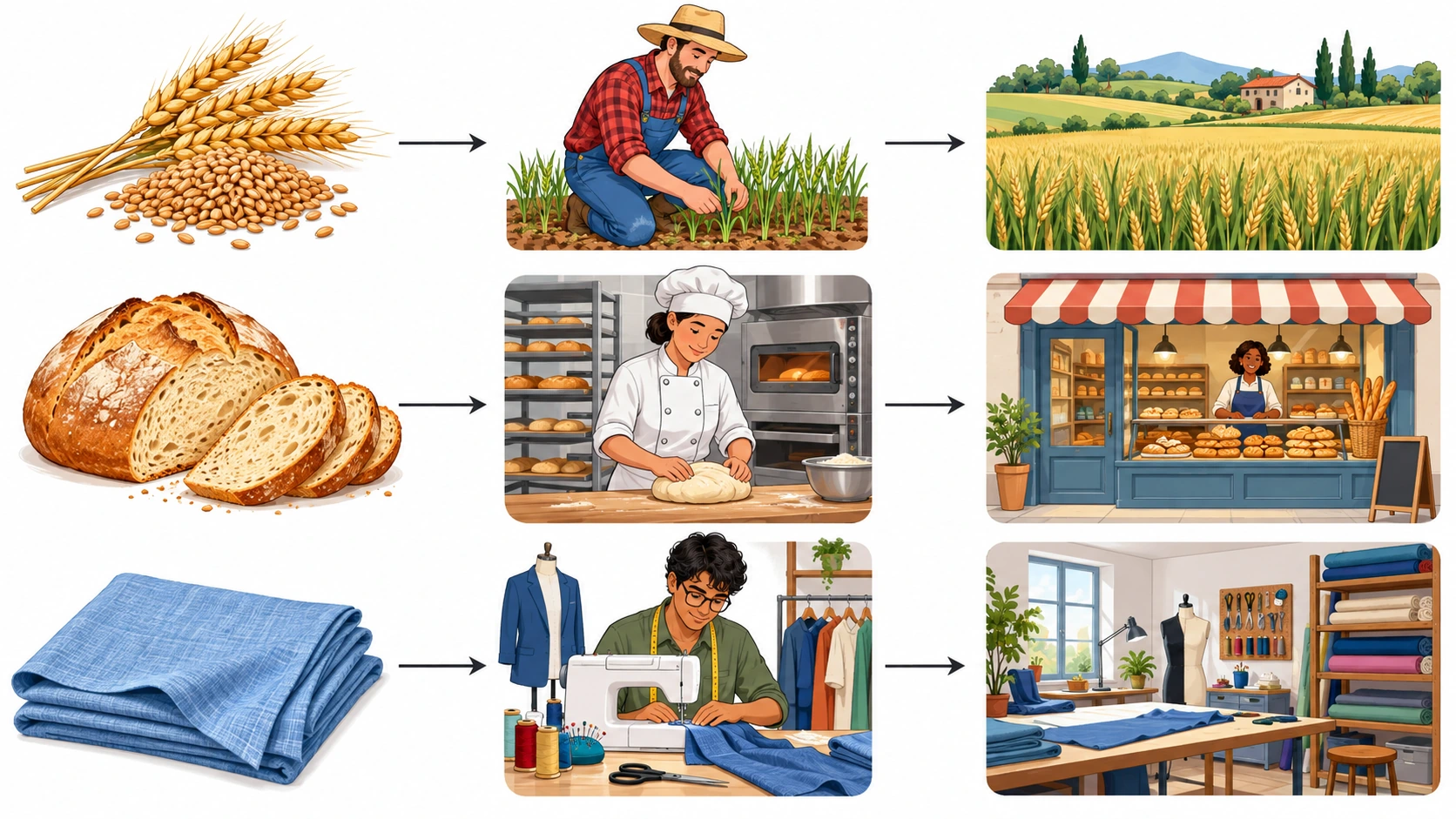 Tre righe illustrative collegano rispettivamente grano, pane e tessuto ad attività e luoghi diversi; le frecce indicano associazioni, non fasi di un’unica filiera.