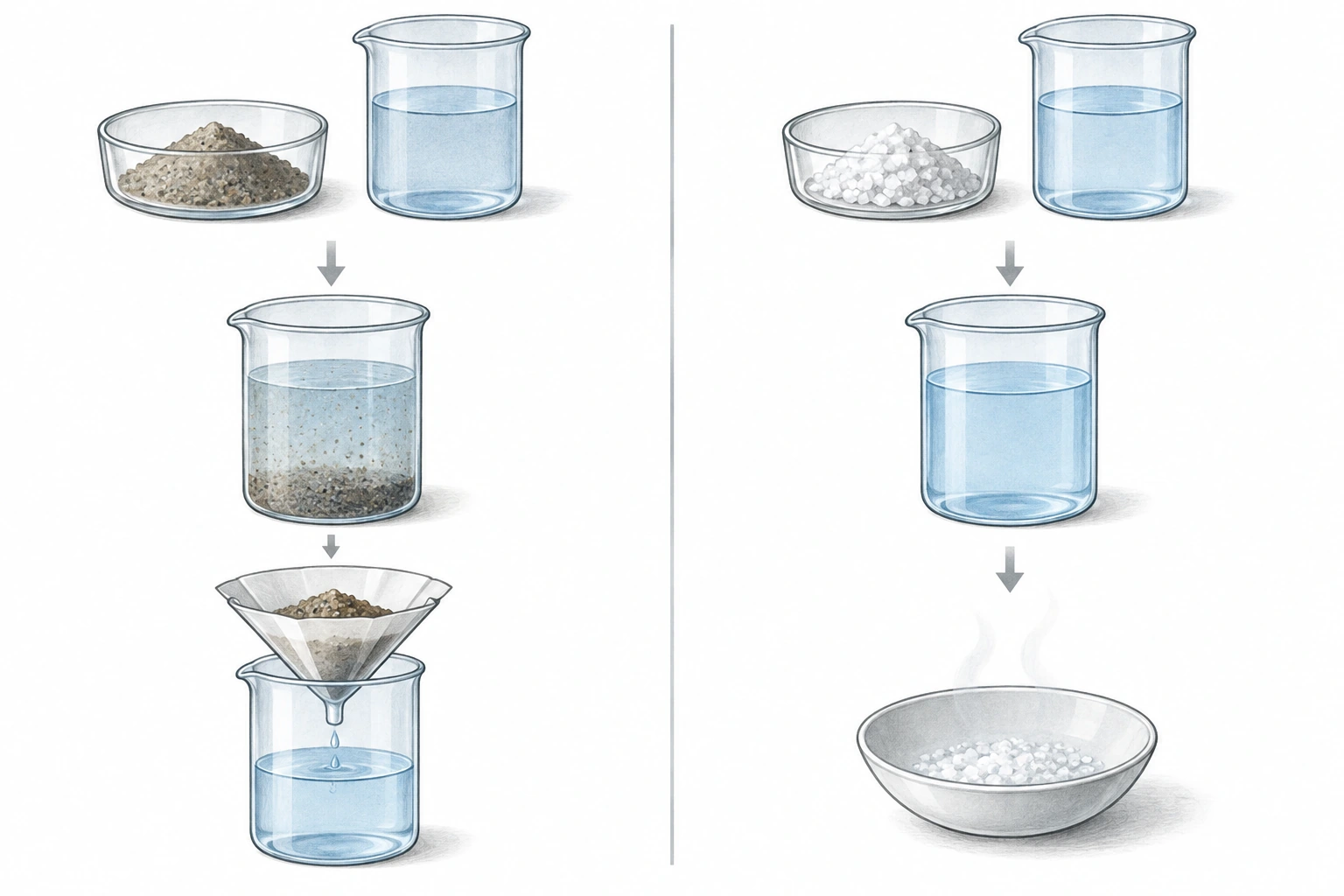 Tabella «prima, dopo mescolare, dopo separare» per sabbia/acqua e sale/acqua.
