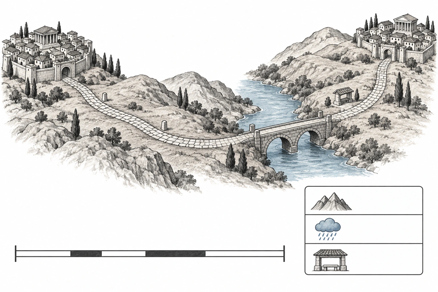 Carta con strada, due città, barra grafica priva di valori numerici e casella per fattori del tempo di viaggio.