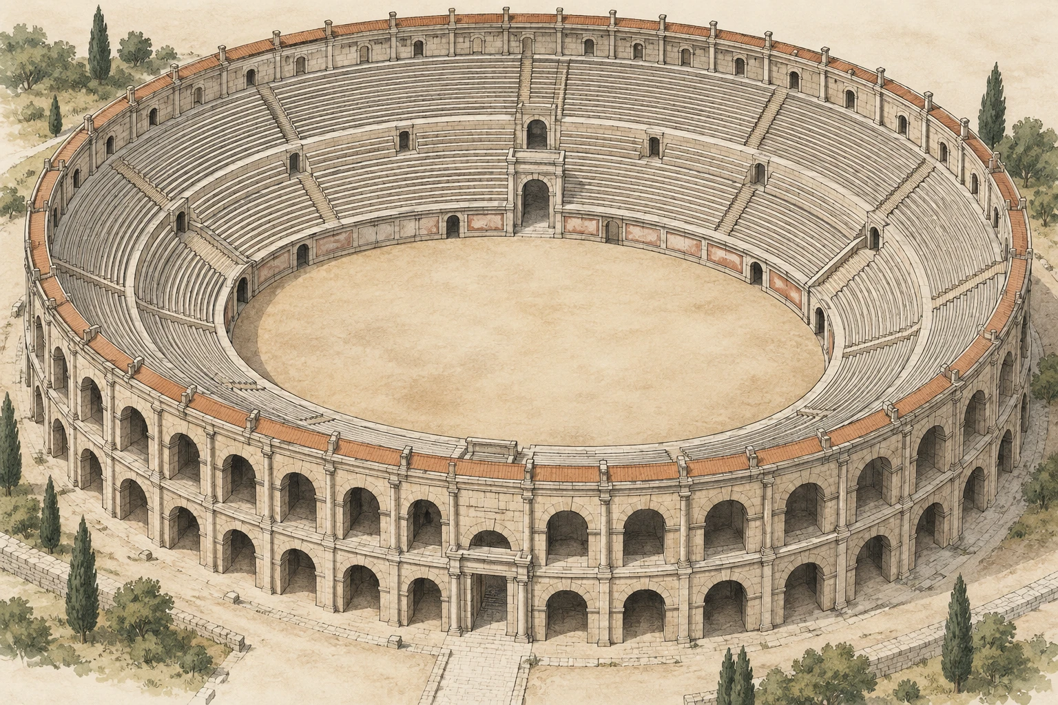 Vista obliqua di anfiteatro generico con arena centrale e anelli di gradinate.