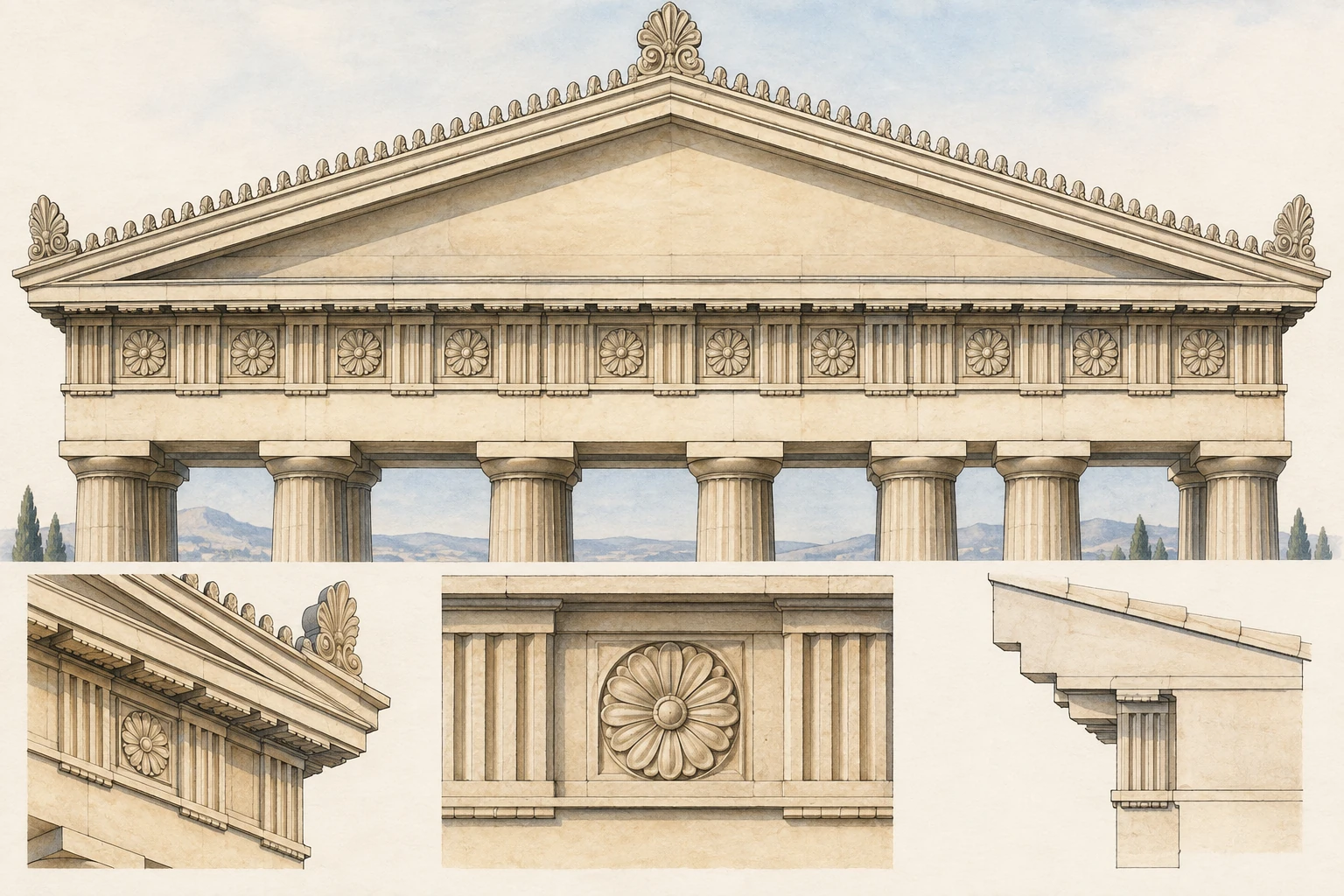Facciata generica di tempio con campo triangolare e fascia decorativa orizzontale, senza figure mitologiche.